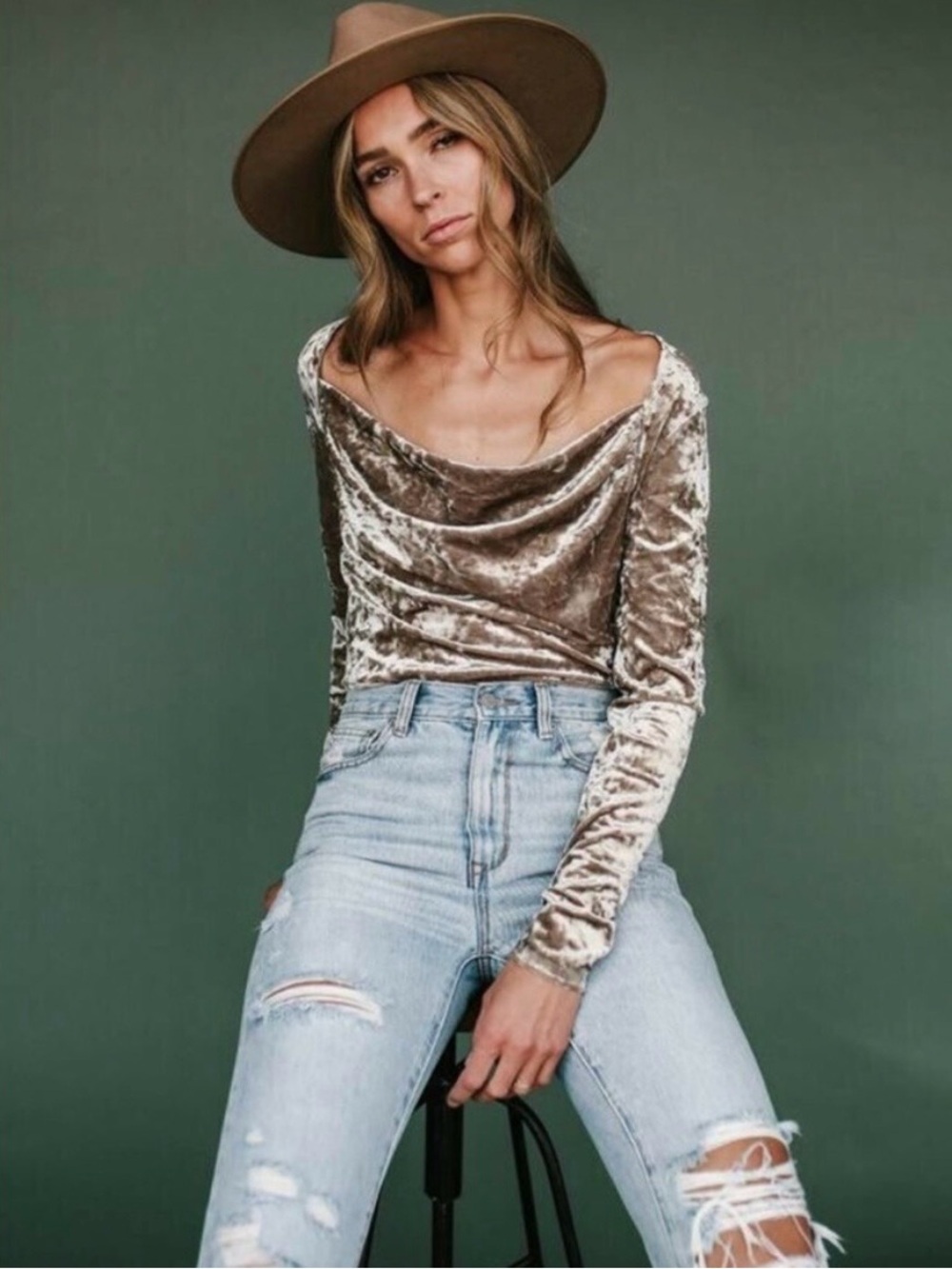 Free People Velvet Long-Sleeve Drape Neck Top - Taupe size Small
